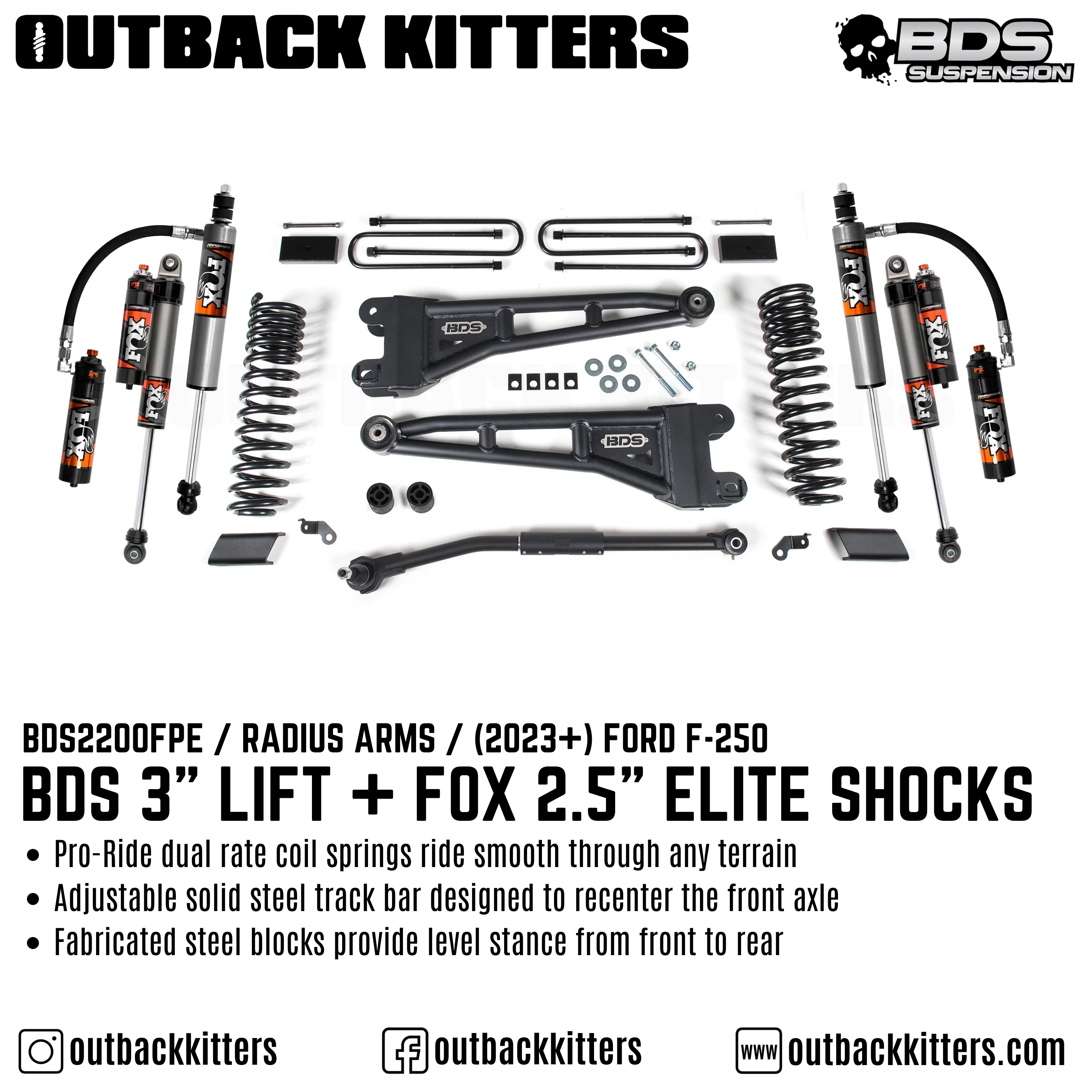 BDS Suspension 3" Lift Kit with Radium Arms for Ford F250 (2023) - Outback Kitters