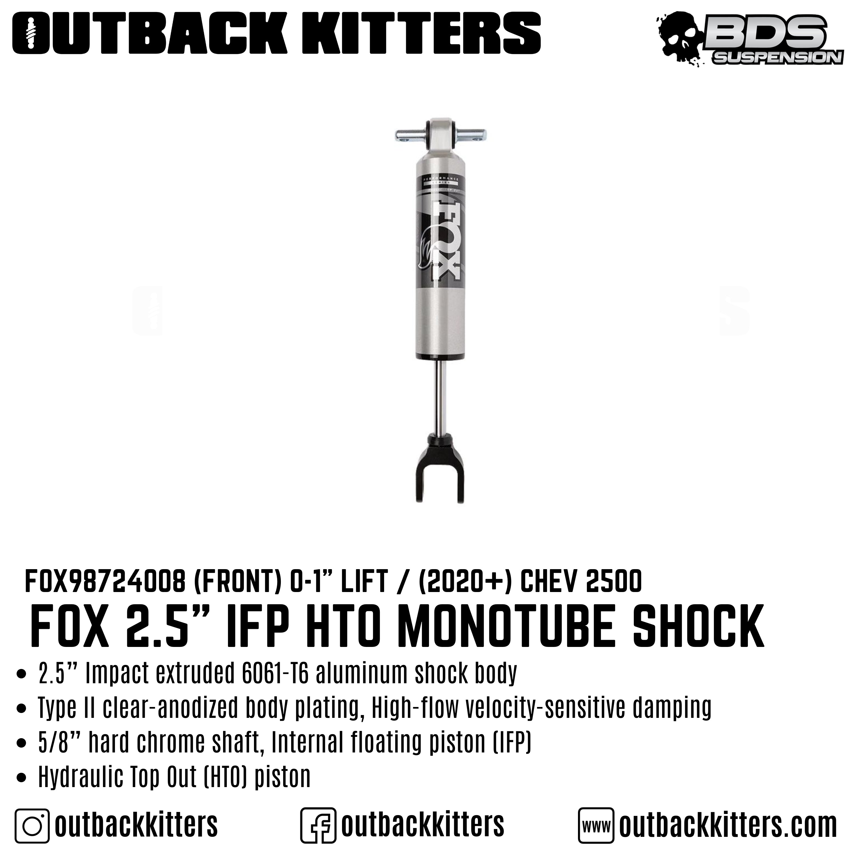 Fox 2.5" IFP HTO Monotube Front Shock to suit 0-1" Lift for Chev 2500 - Outback Kitters