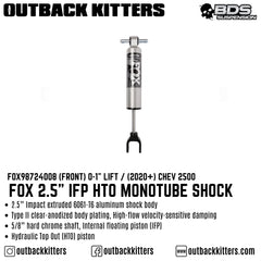 Fox 2.5" IFP HTO Monotube Front Shock to suit 0-1" Lift for Chev 2500 - Outback Kitters