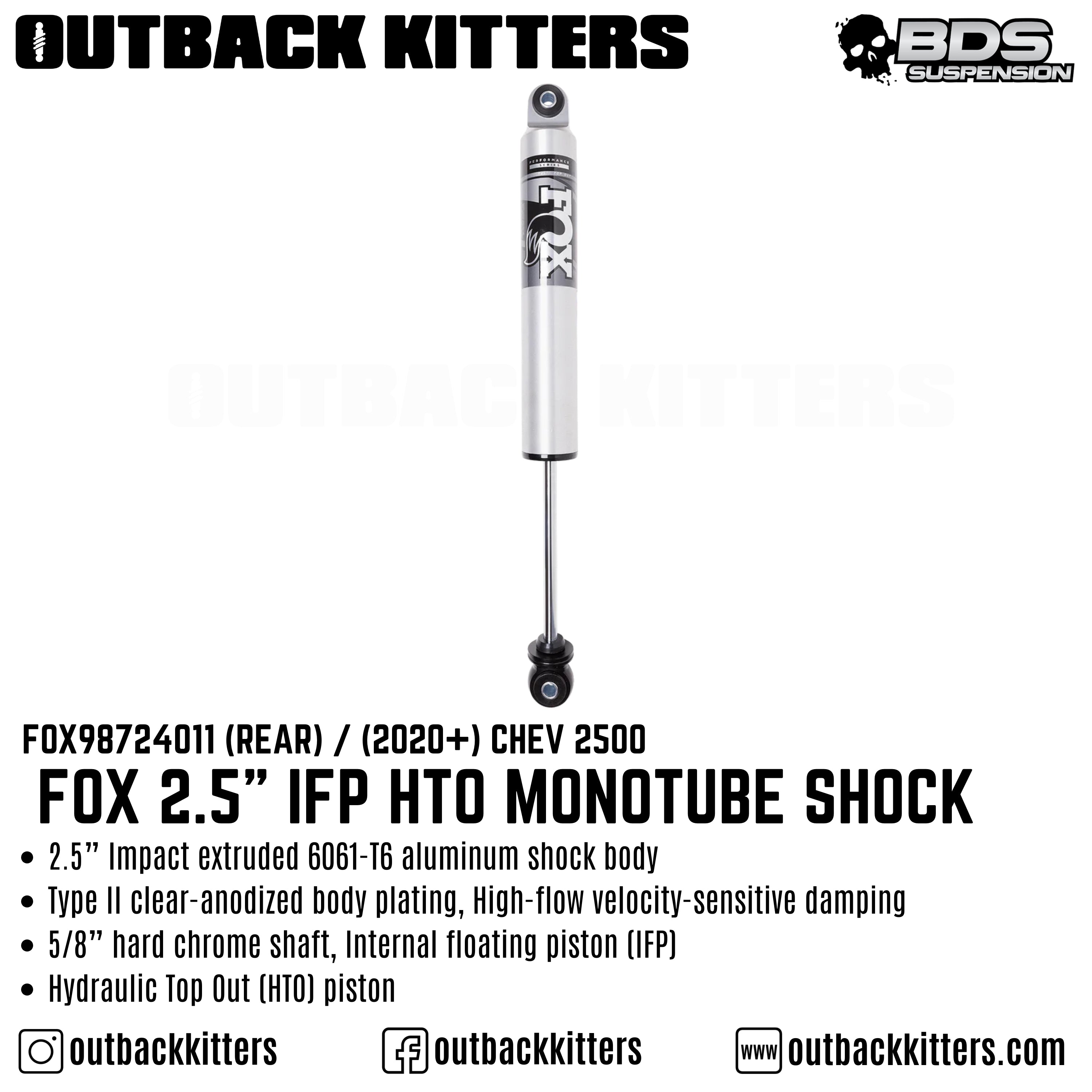 Fox 2.5" IFP HTO Monotube Shock (Rear) to suit 2011+ Chev 2500 - Outback Kitters