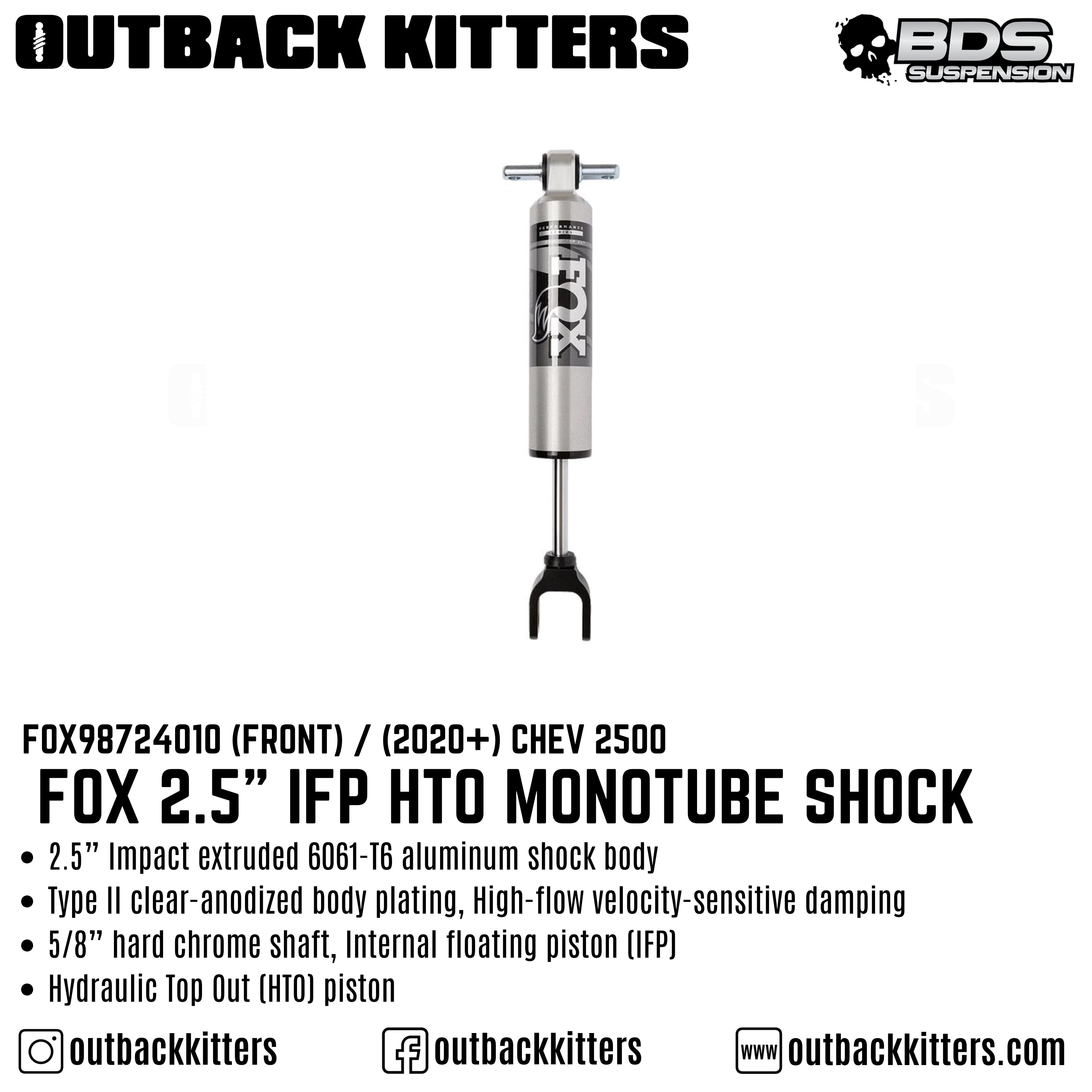 Fox 2.5" IFP HTO Monotube Shock (Front) to suit 2020+ Chev 2500 - Outback Kitters