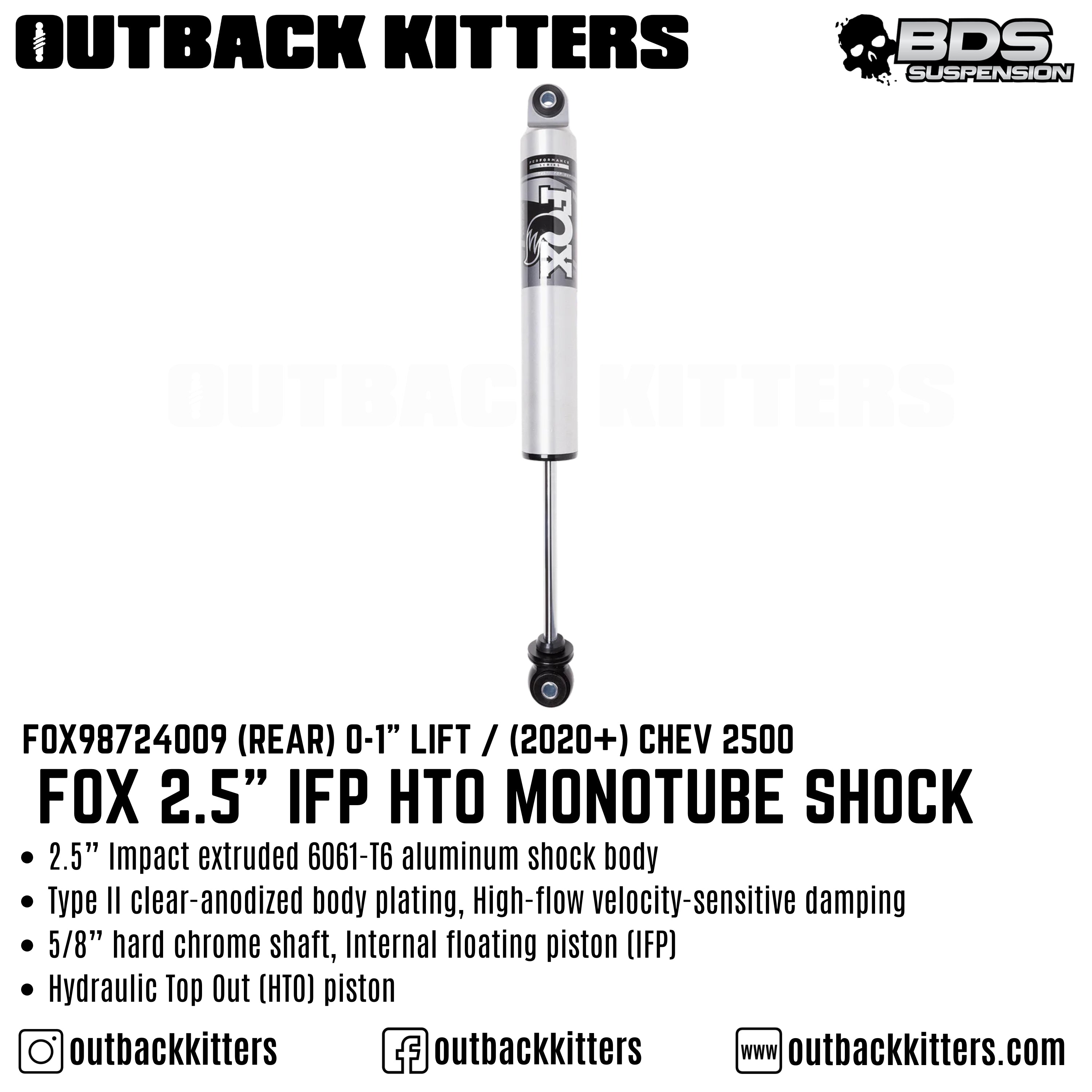 Fox 2.5" IFP HTO Monotube Shock Rear Shock to suit 0-1" Lift for Chev 2500 - Outback Kitters