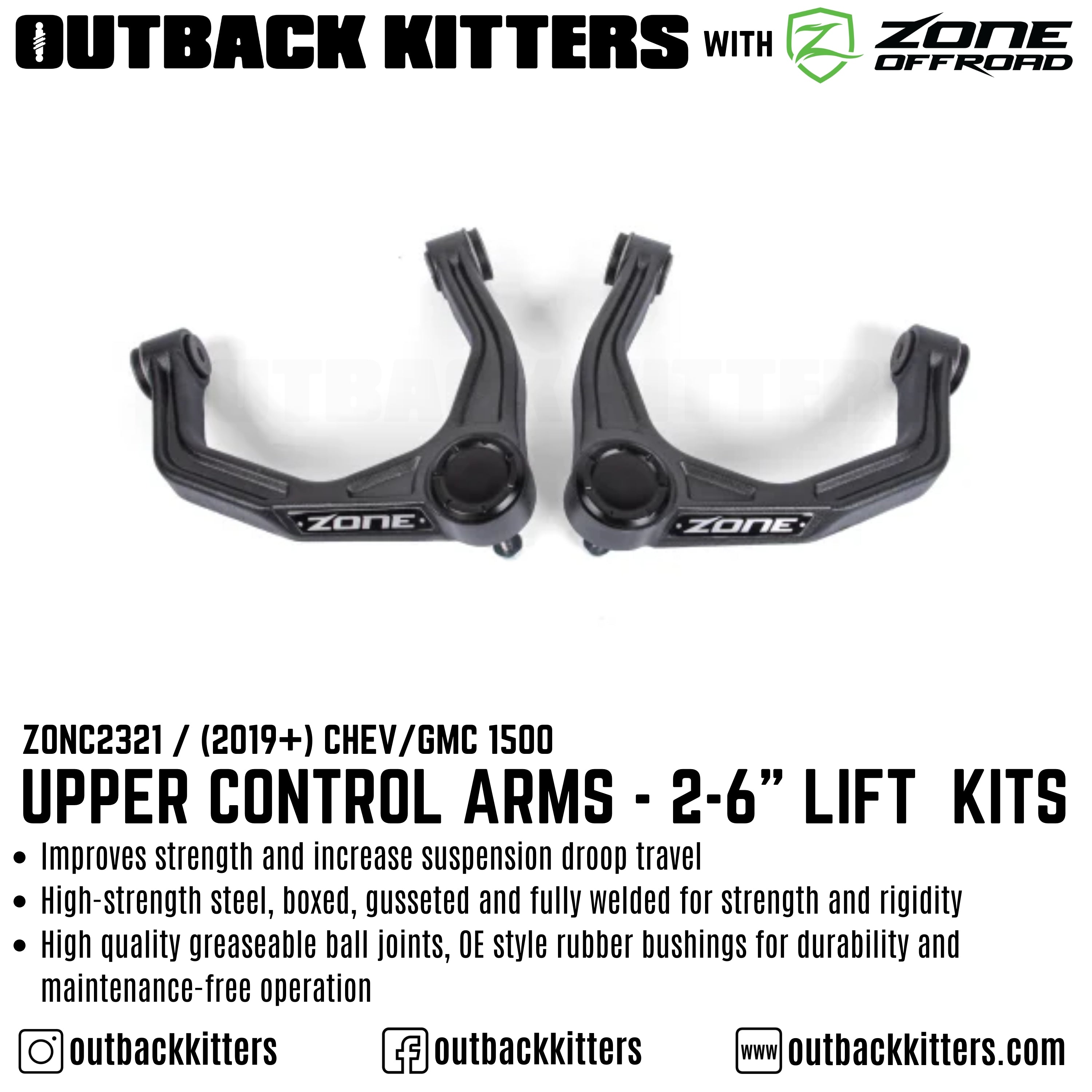 OK with Zone Offroad Upper Control Arms for 2019+ Chev/GMC 1500 2-6" Lift - Outback Kitters