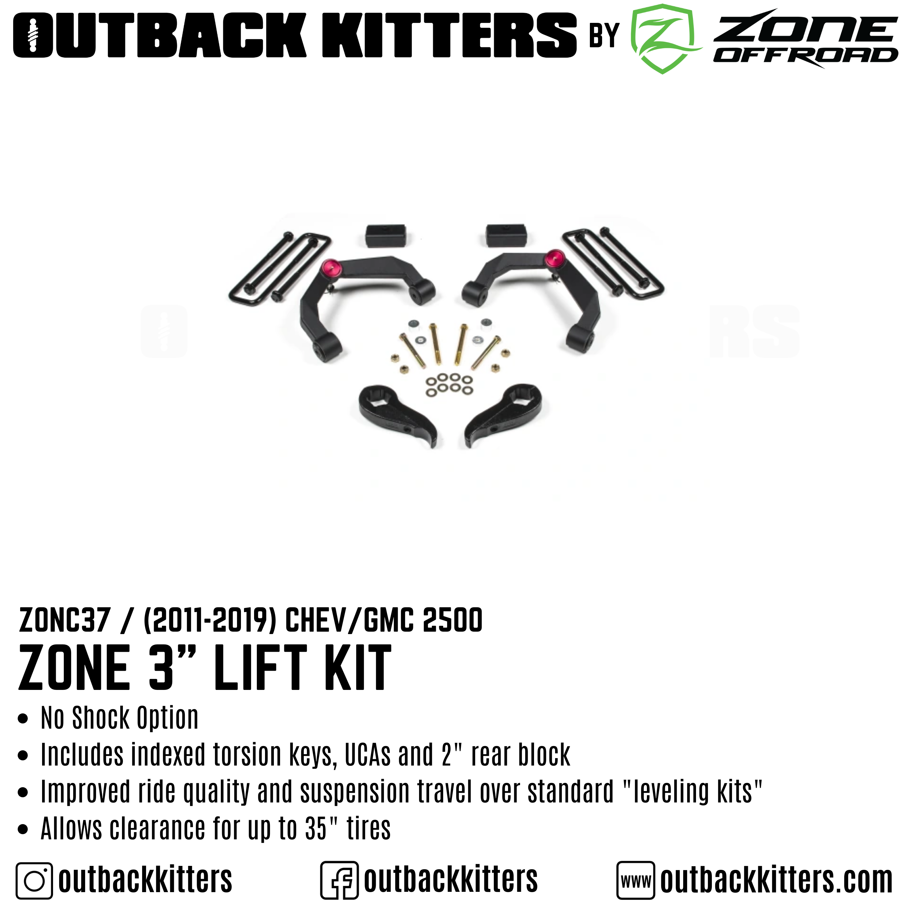 OK by Zone 3" Lift Kit + Outback Kitters 2.5" Reservoir Shocks for 2011-2019 Chev/GMC 2500 - Outback Kitters