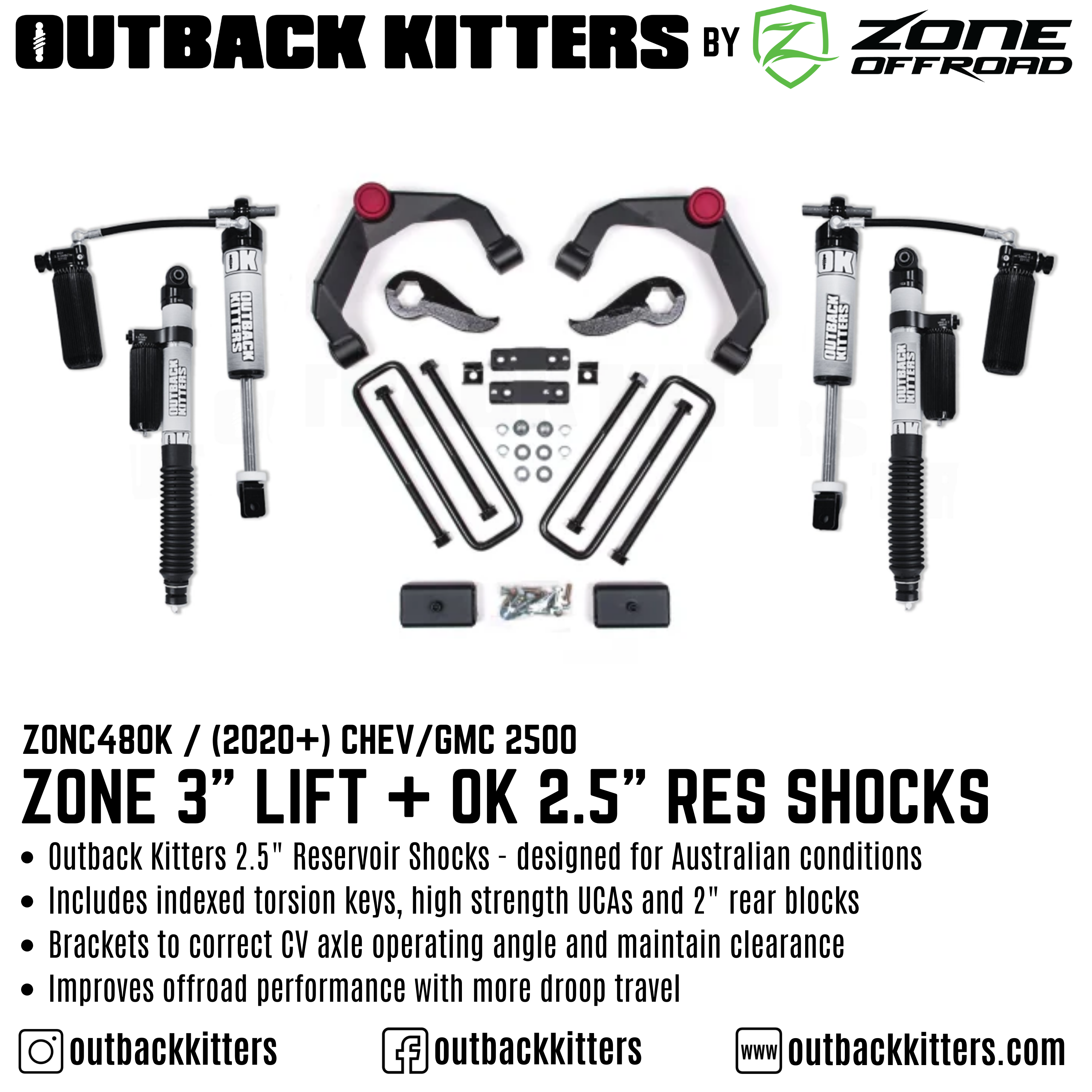 OK by Zone 3" Lift Kit + Outback Kitters 2.5" Reservoir Shocks for 2020+ Chev/GMC 2500 - Outback Kitters