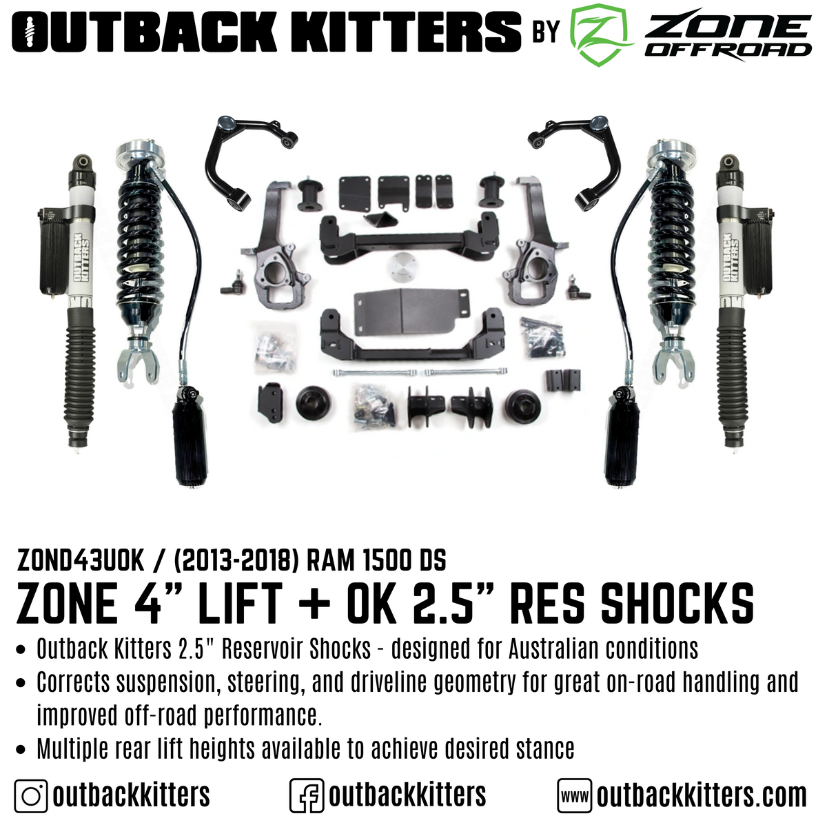 OK by Zone Offroad 4" Lift Kit for 2013-2018 Ram 1500 DS - Outback Kitters