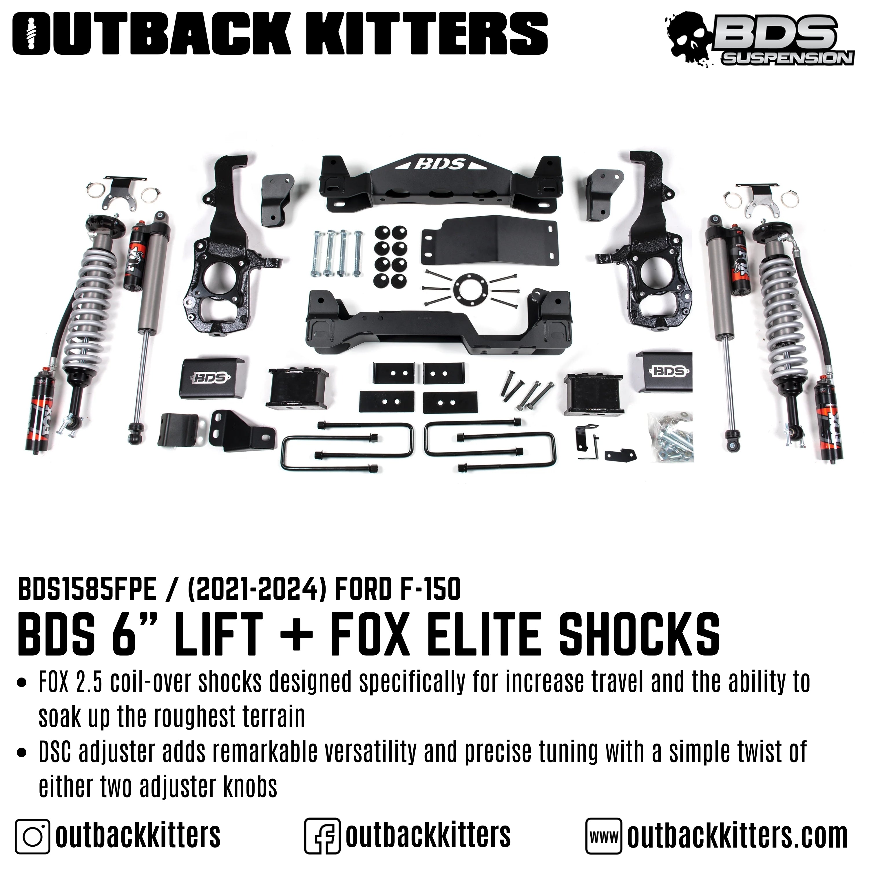 BDS Suspension - 6" Lift Kit for 2021+ Ford F150 with Fox 2.5 Performance Elite Shocks - Outback Kitters