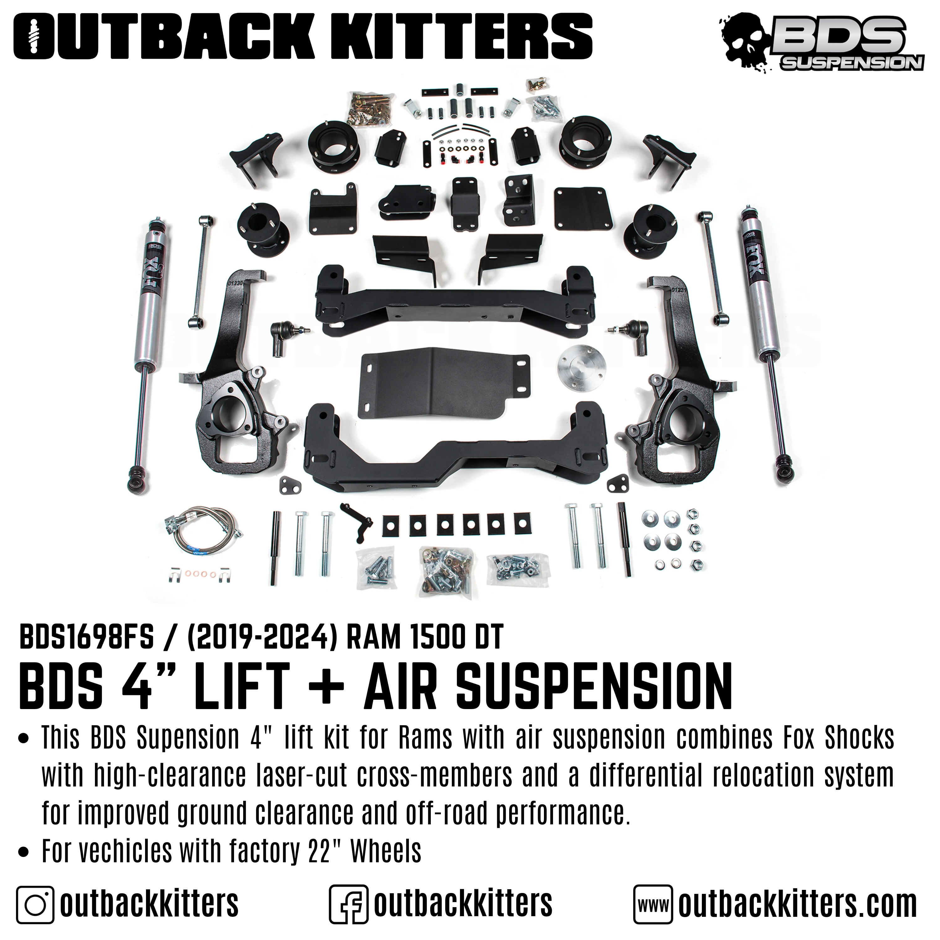 BDS Suspension 4" Lift Kit for Ram 1500 DT Air Suspension - Outback Kitters