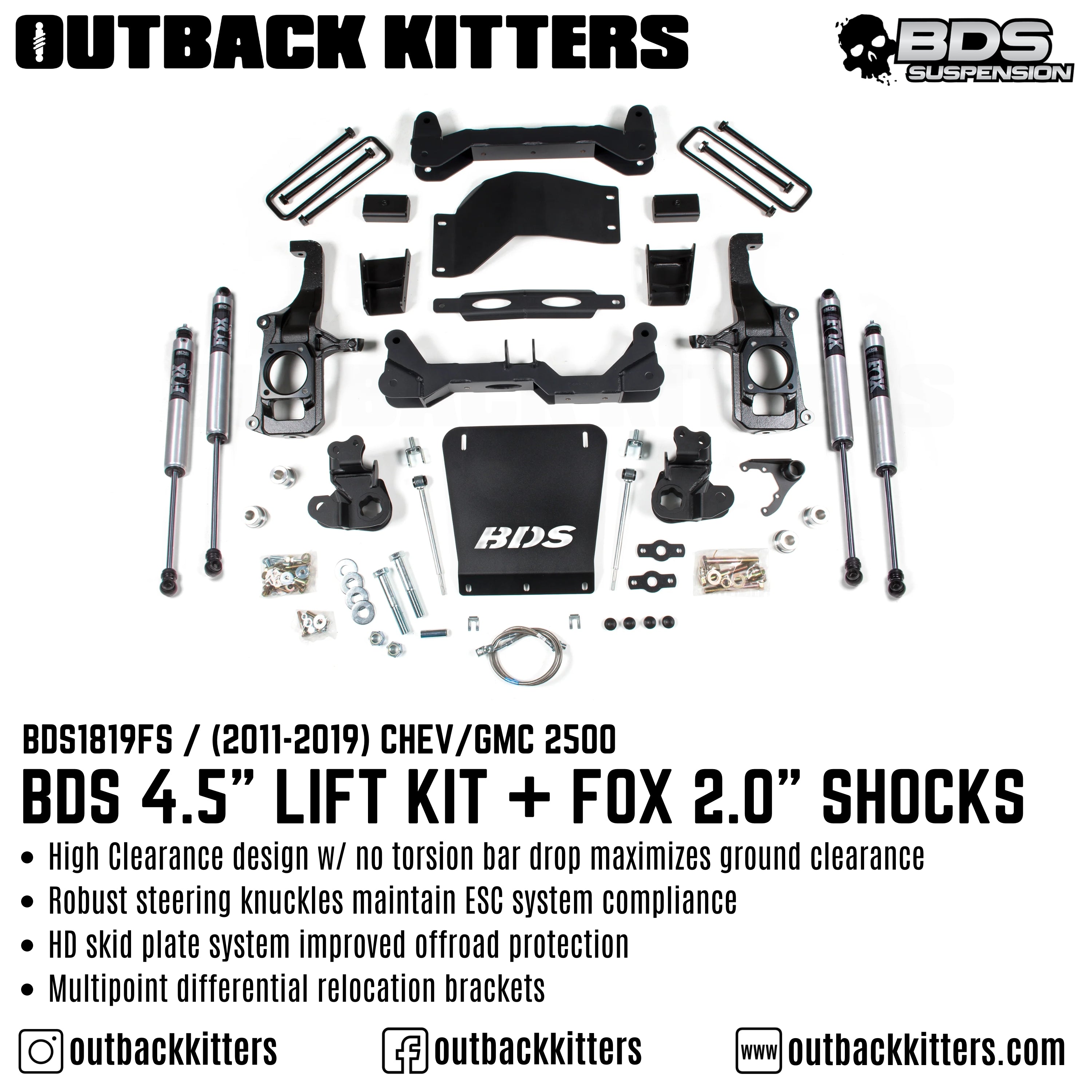 BDS Suspension 4.5" Lift Kit for 2011-2019 Chevy Silverado 2500 with Fox Shocks - Outback Kitters