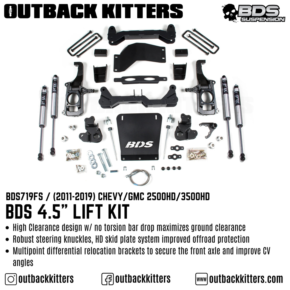 BDS Suspension 4.5" Lift Kit for 2011-2019 Chevy Silverado 2500 with Fox Shocks - Outback Kitters