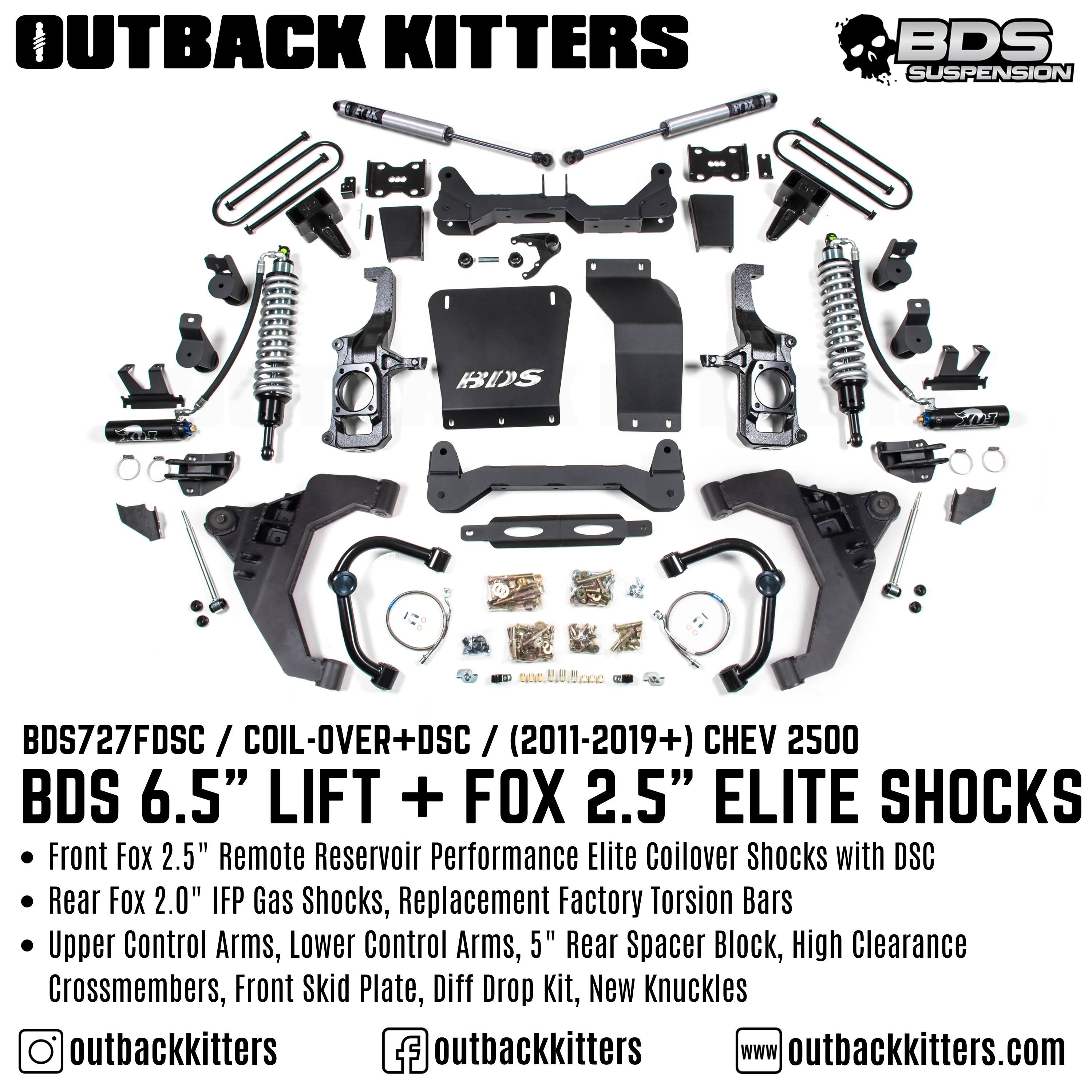 BDS Suspension 6.5" Lift Kit for 2011-2019 Chevy Silverado 2500 with Fox 2.5 Performance Elite Shocks - Outback Kitters