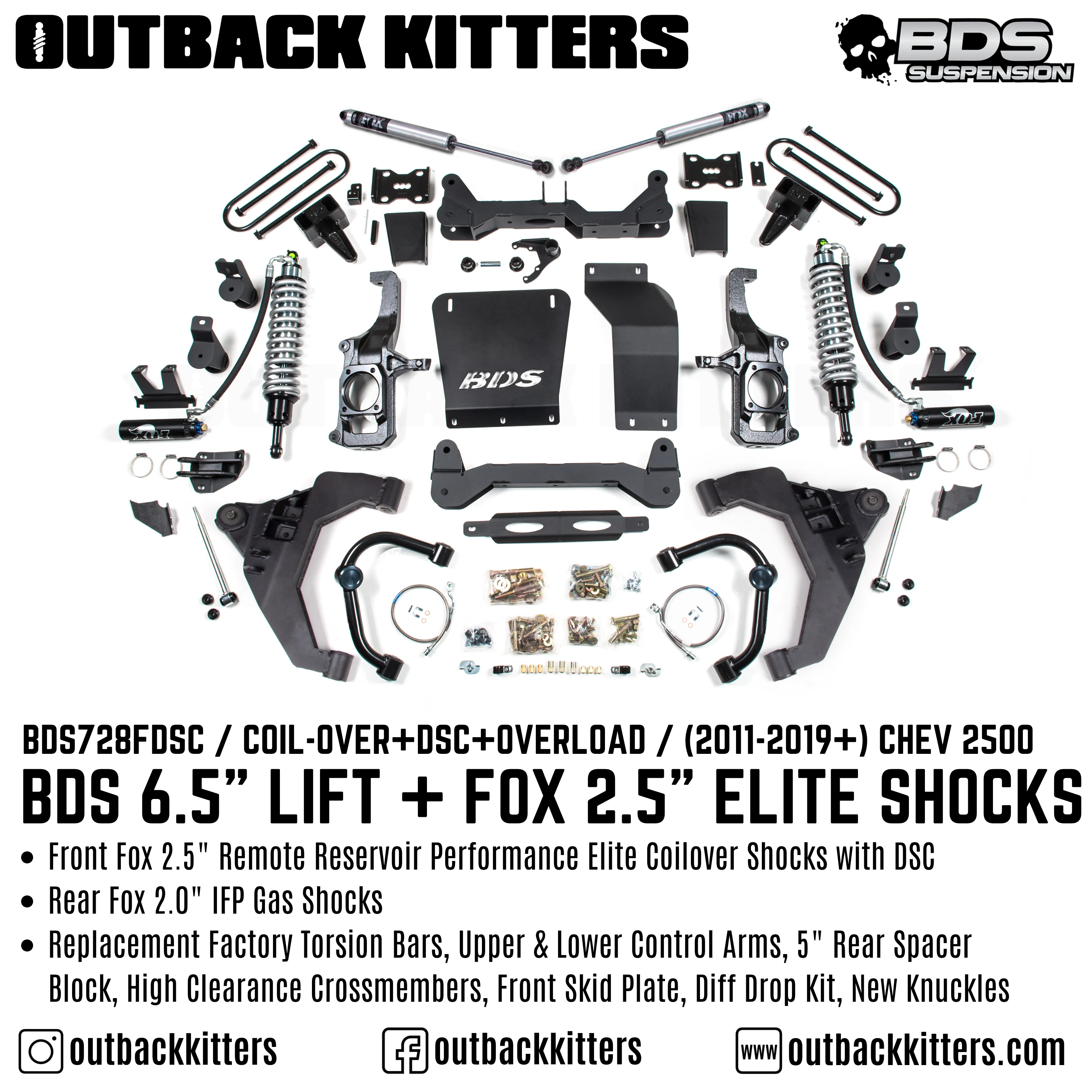BDS Suspension 6.5" Lift Kit for 2011-2019 Chevy Silverado 2500 with Fox 2.5 Performance Elite Shocks - Outback Kitters