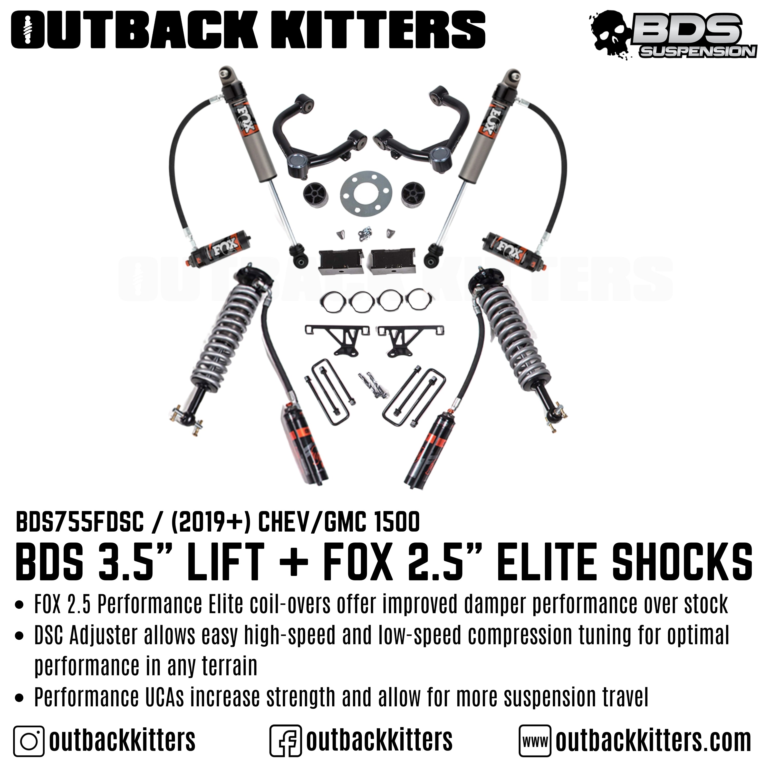 BDS Suspension 3.5" Lift Kit for 2019+ Chevy/GMC 1500 with Fox 2.5 Remote Reservoir Shocks - Outback Kitters