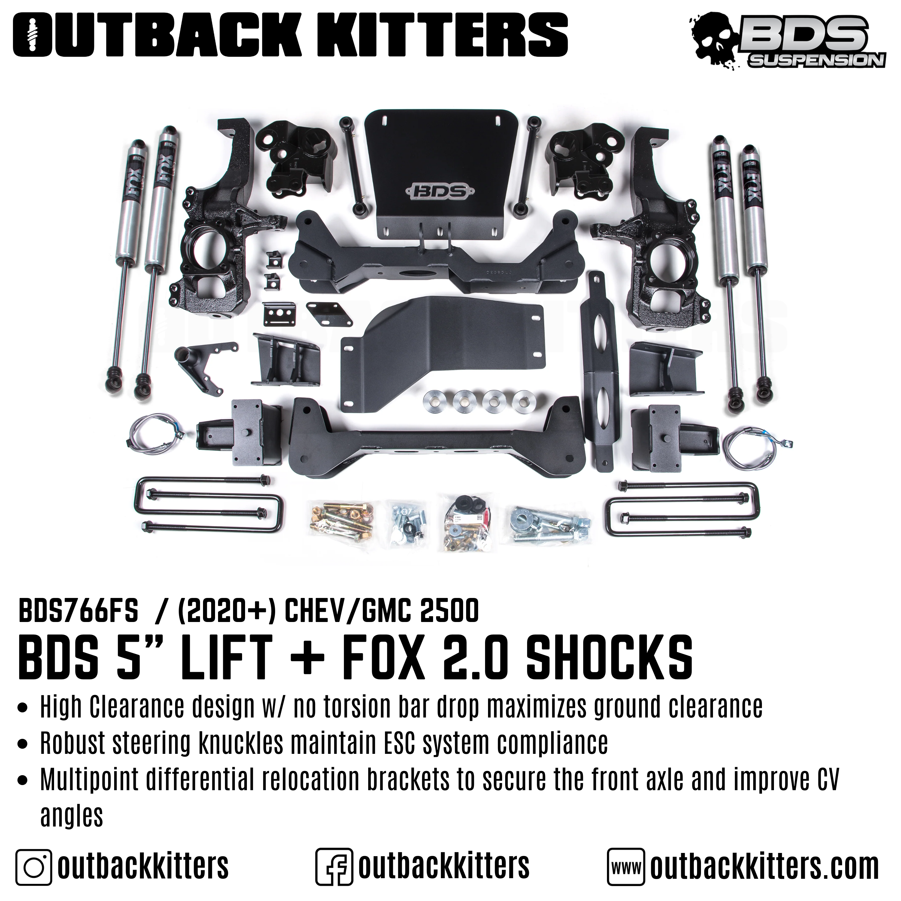 BDS Suspension 5" Lift Kit for 2020+ Chevy Silverado 2500 with Fox 2.5 Performance Elite Shocks - Outback Kitters