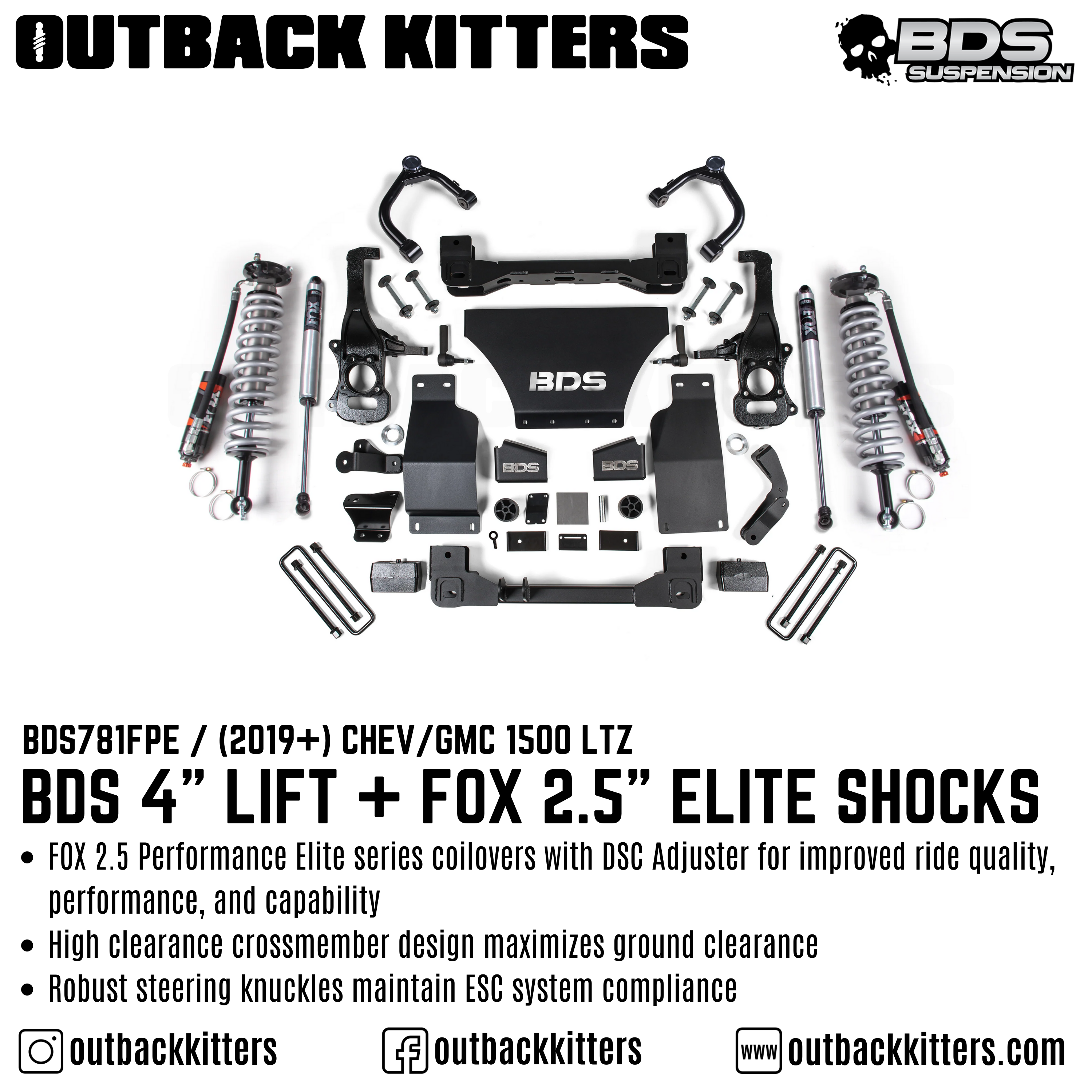 BDS Suspension 4" Lift Kit for 2019+ Chevy Silverado 1500 with Fox Shocks - Outback Kitters