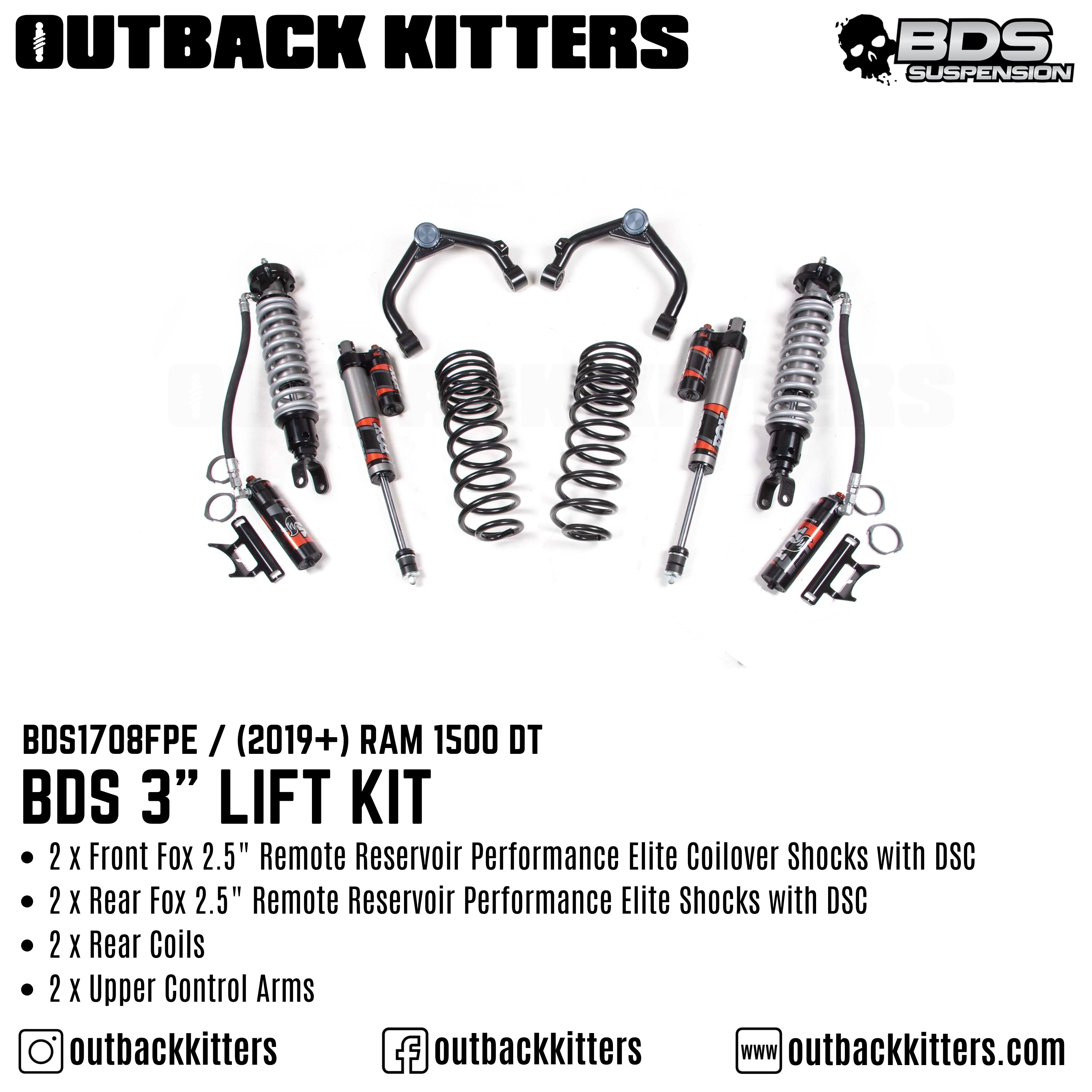 BDS Suspension 3" Lift Kit for Ram 1500 DT with Fox 2.5 Performance Elite Shocks - Outback Kitters