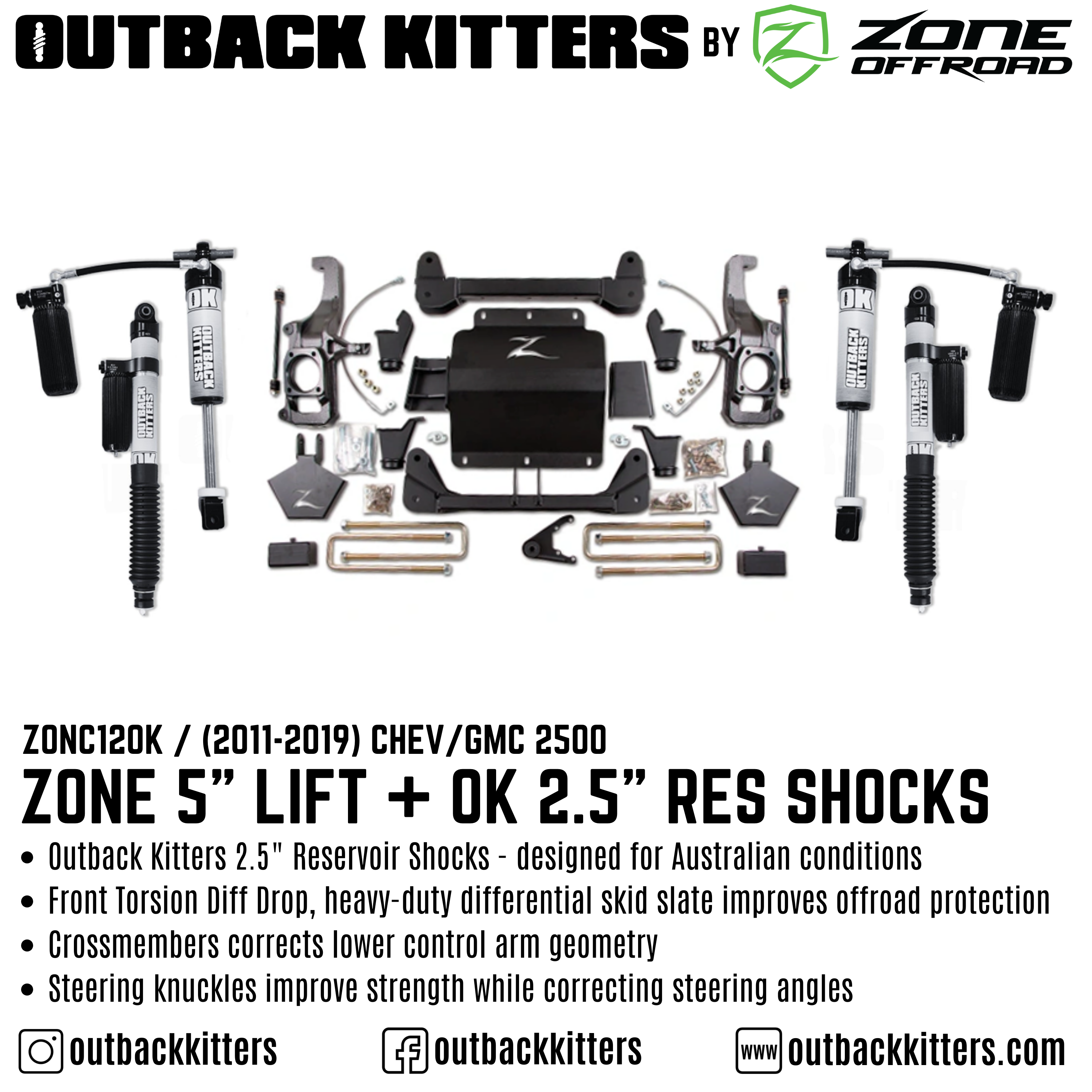 OK by Zone 5" Lift Kit + Outback Kitters 2.5" Reservoir Shocks for 2011-2019 Chev/GMC 2500 - Outback Kitters