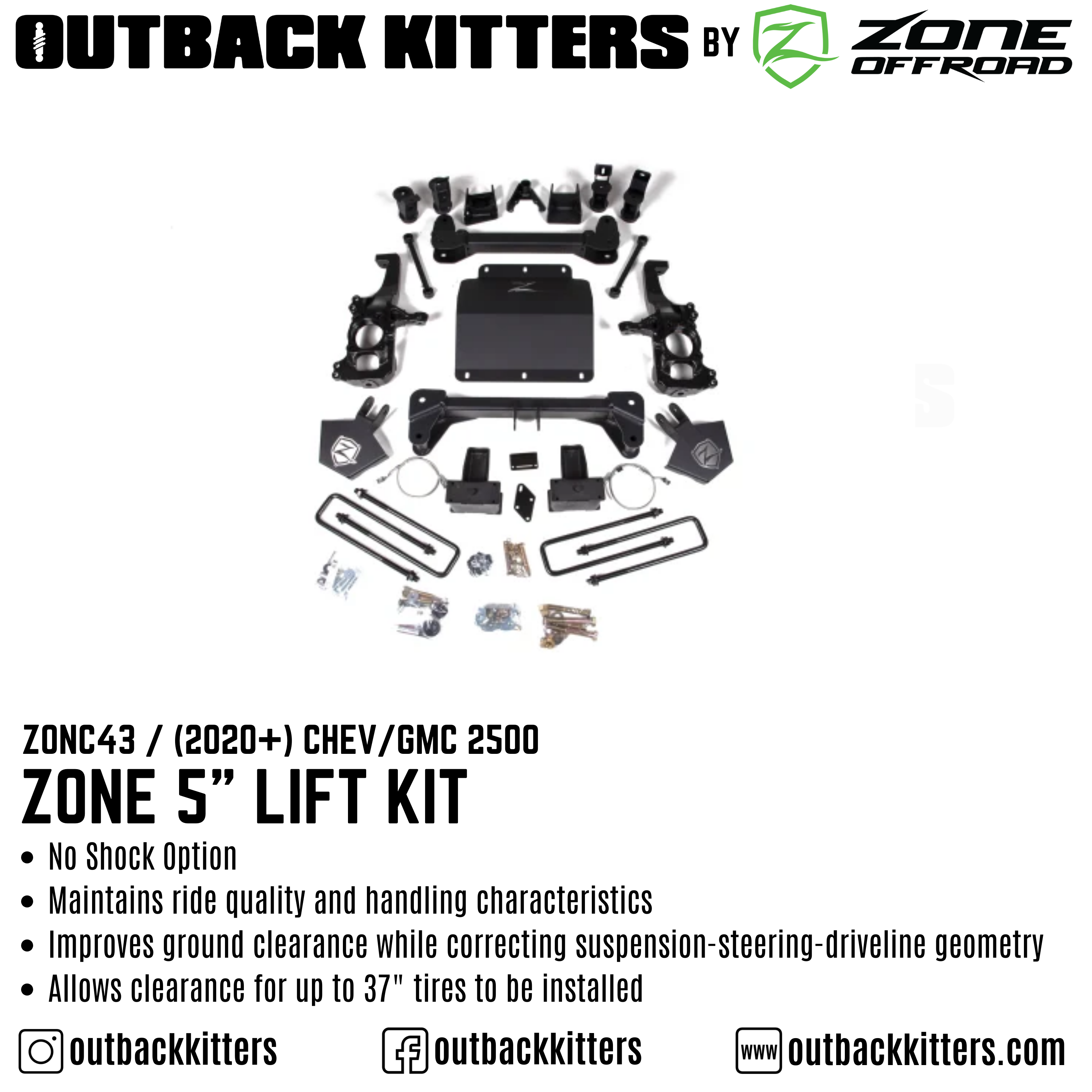 OK by Zone 5" Lift Kit + Outback Kitters 2.5" Reservoir Shocks for 2020+ Chev/GMC 2500 - Outback Kitters