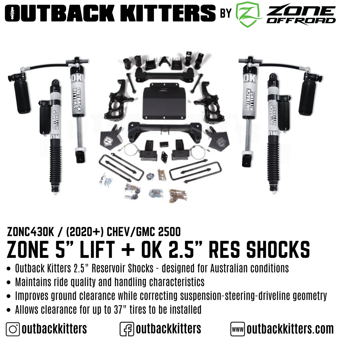 OK by Zone 5" Lift Kit + Outback Kitters 2.5" Reservoir Shocks for 2020+ Chev/GMC 2500 - Outback Kitters