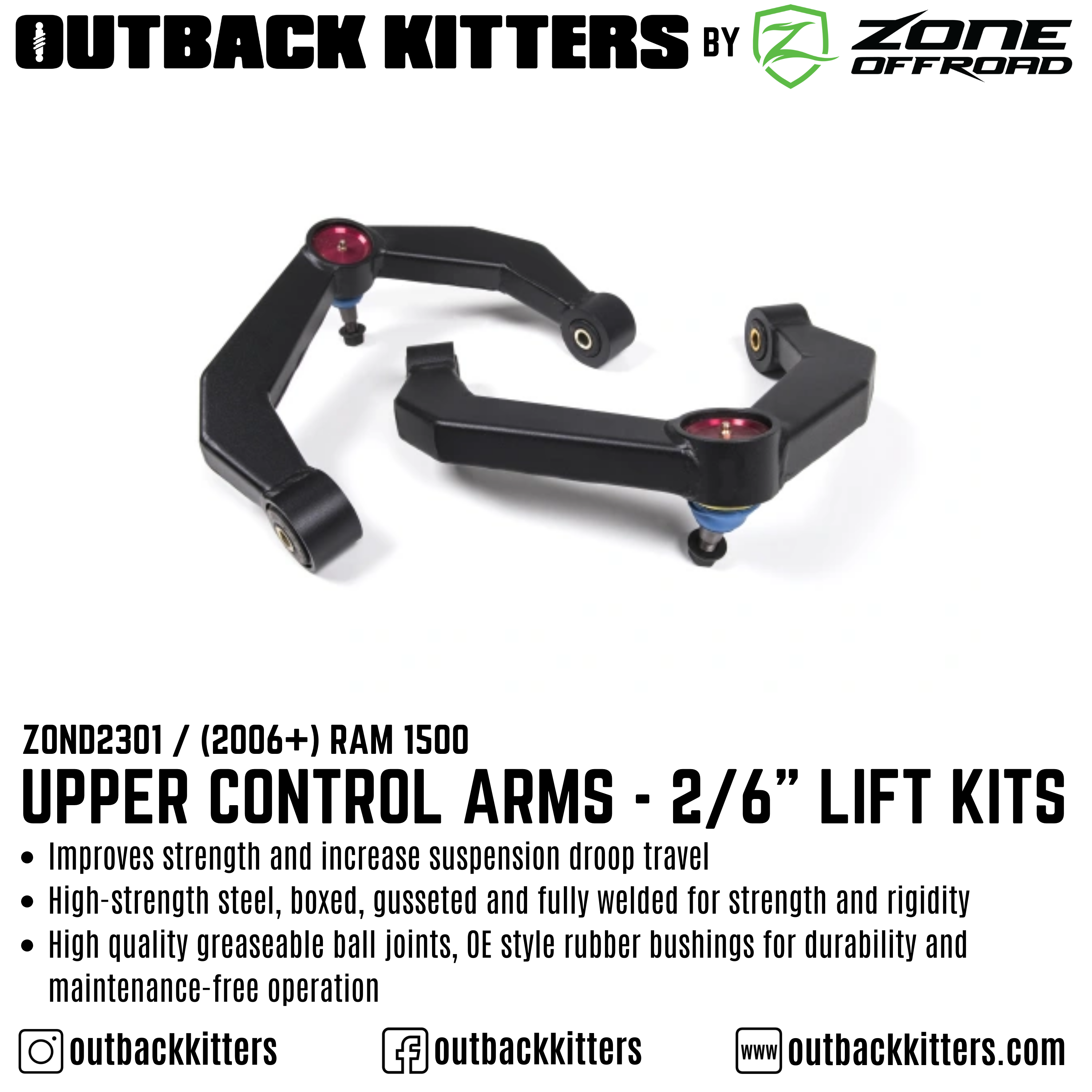 OK by Zone Upper Control Arms for 2006+ Ram 1500 DS/DT 2" & 6" Lift - Outback Kitters