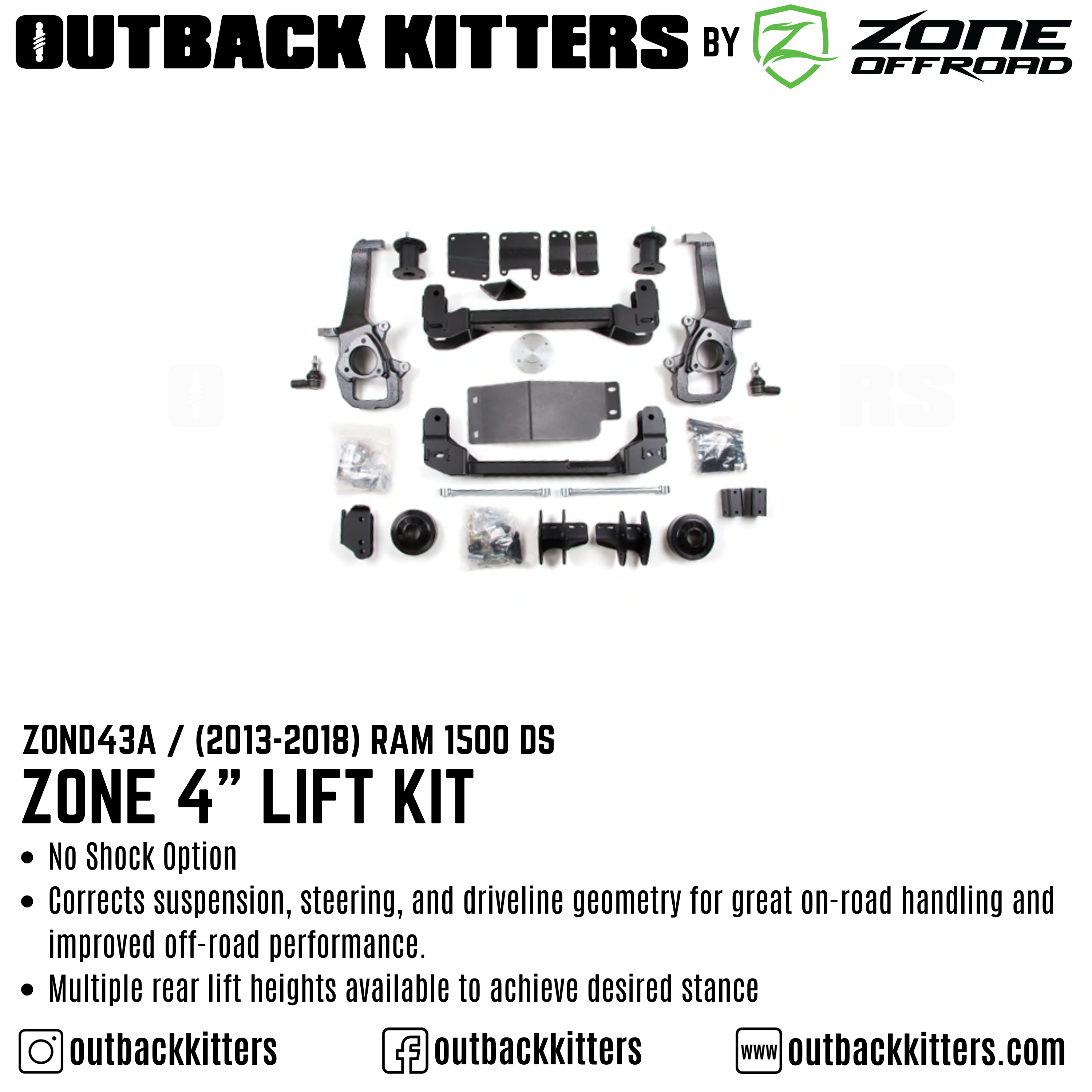 OK by Zone 4" Lift Kit + Outback Kitters 2.5" Reservoir Shocks for 2013-2018 Ram 1500 DS - Outback Kitters