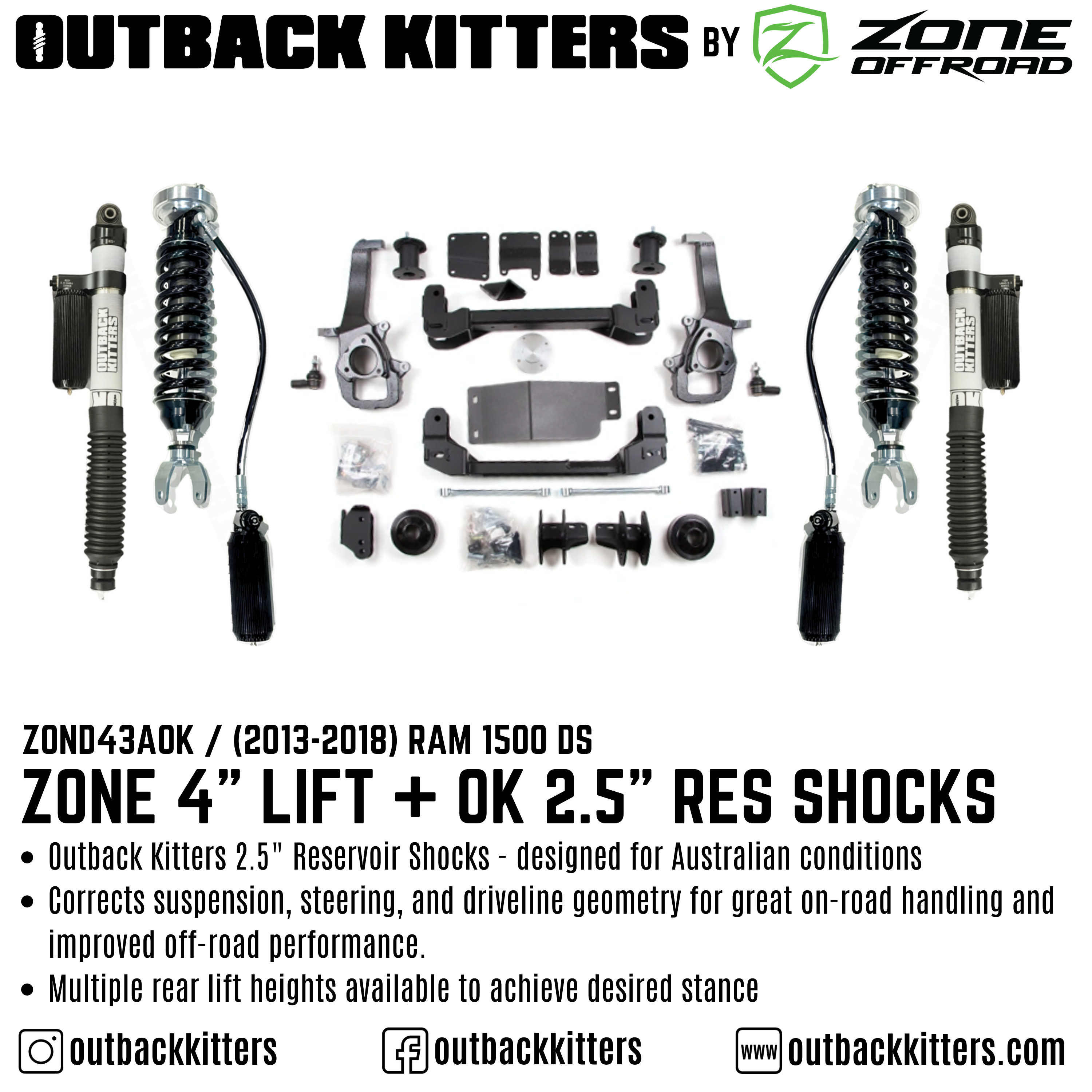 OK by Zone Offroad 4" Lift Kit for 2013-2018 Ram 1500 DS - Outback Kitters