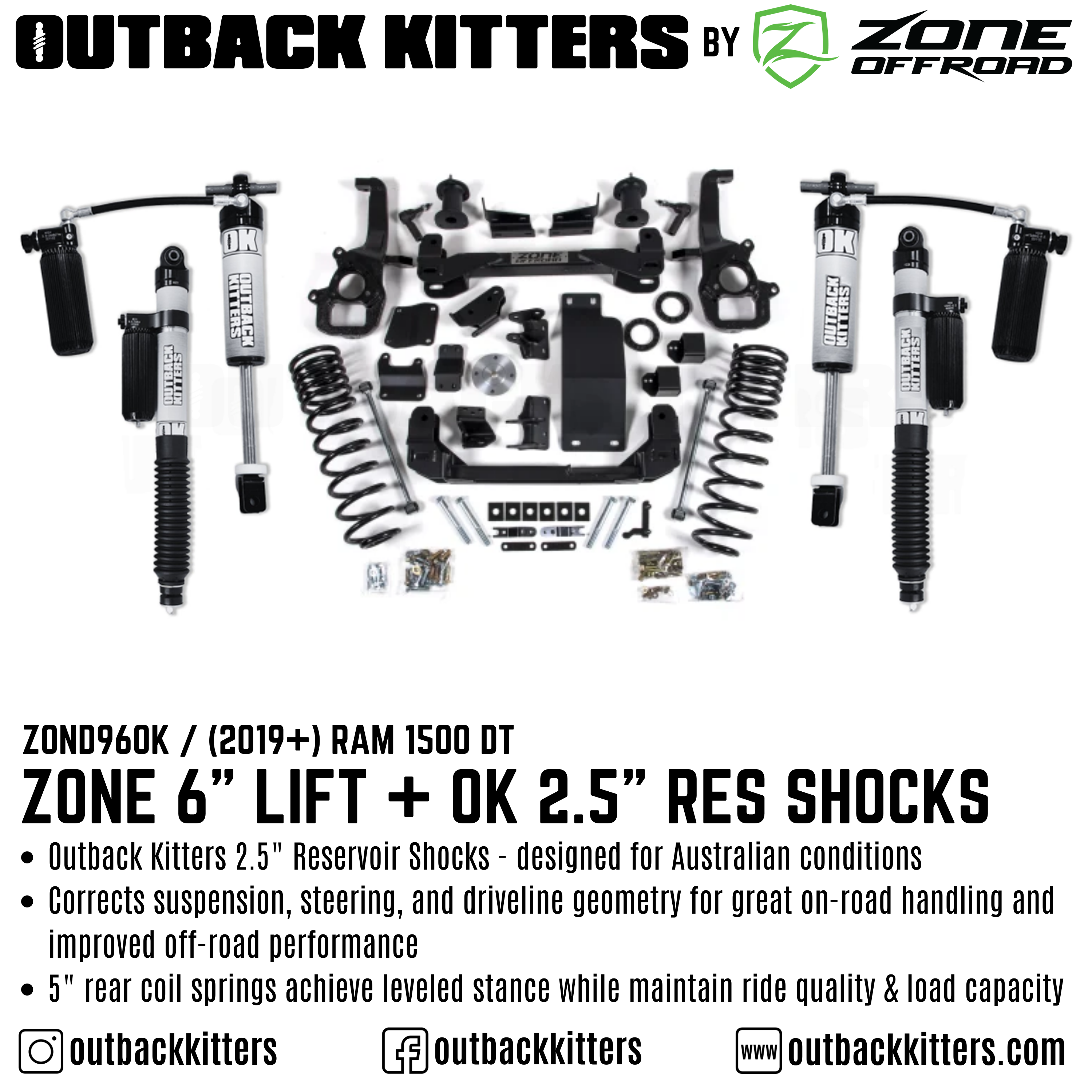 OK by Zone 6" Lift Kit + Outback Kitters 2.5" Reservoir Shocks for 2019+ Ram 1500 DT - Outback Kitters