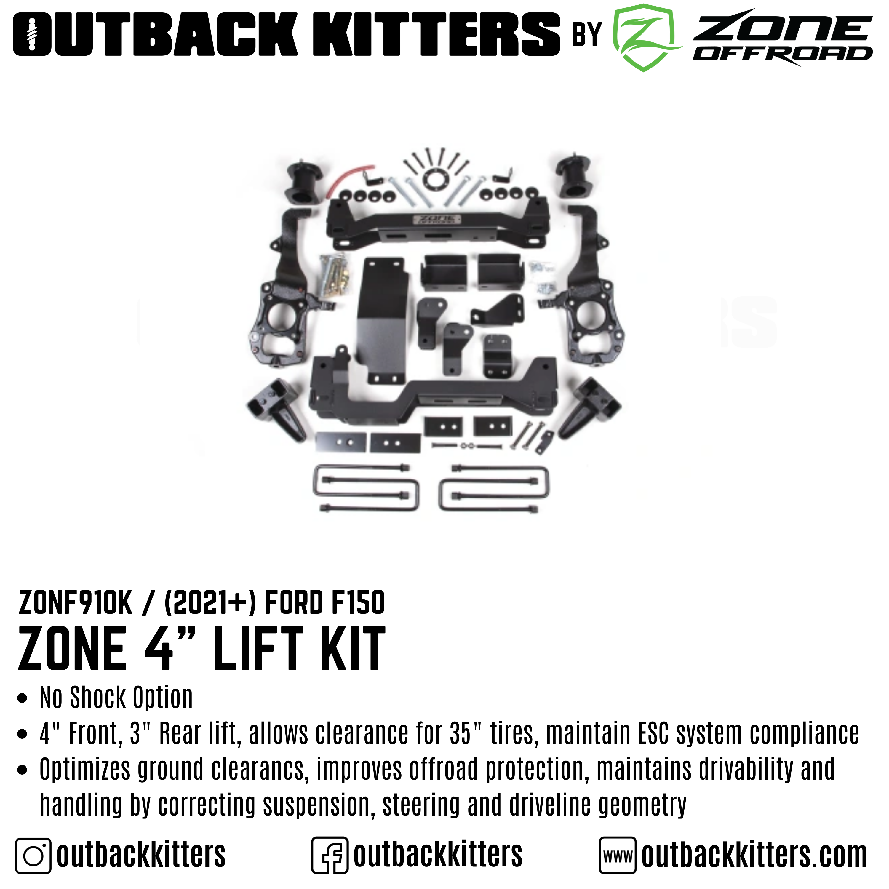 OK by Zone 4" Levelling Kit + Outback Kitters 2.5" Reservoir Shocks for 2021+ Ford F150 - Outback Kitters