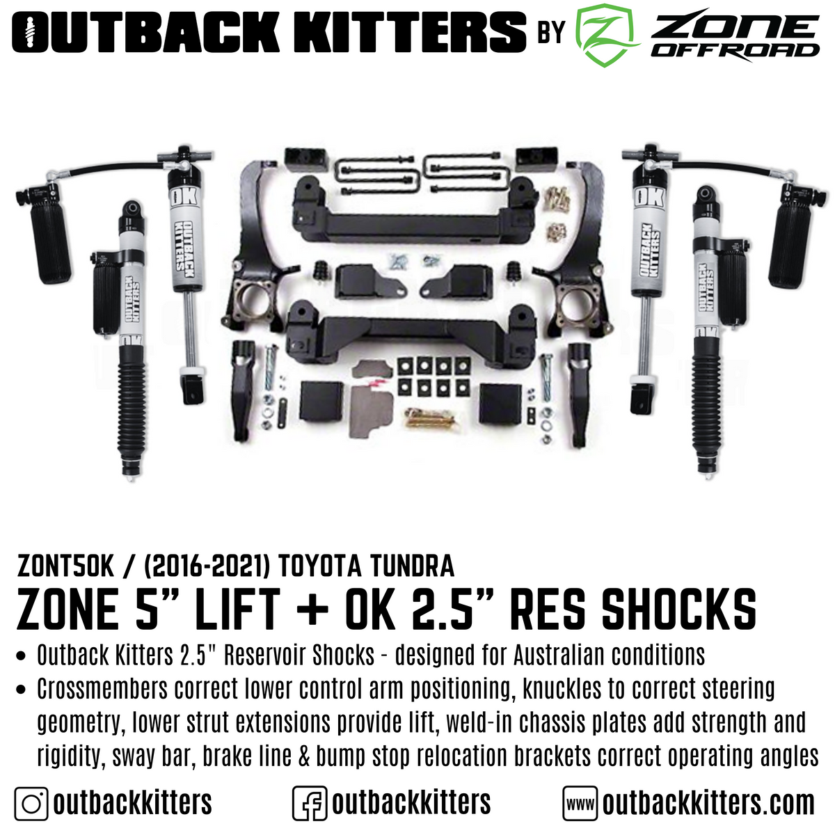 OK by Zone 5" Lift Kit + Outback Kitters 2.5" Reservoir Shocks for  2007-2021 Toyota Tundra - Outback Kitters